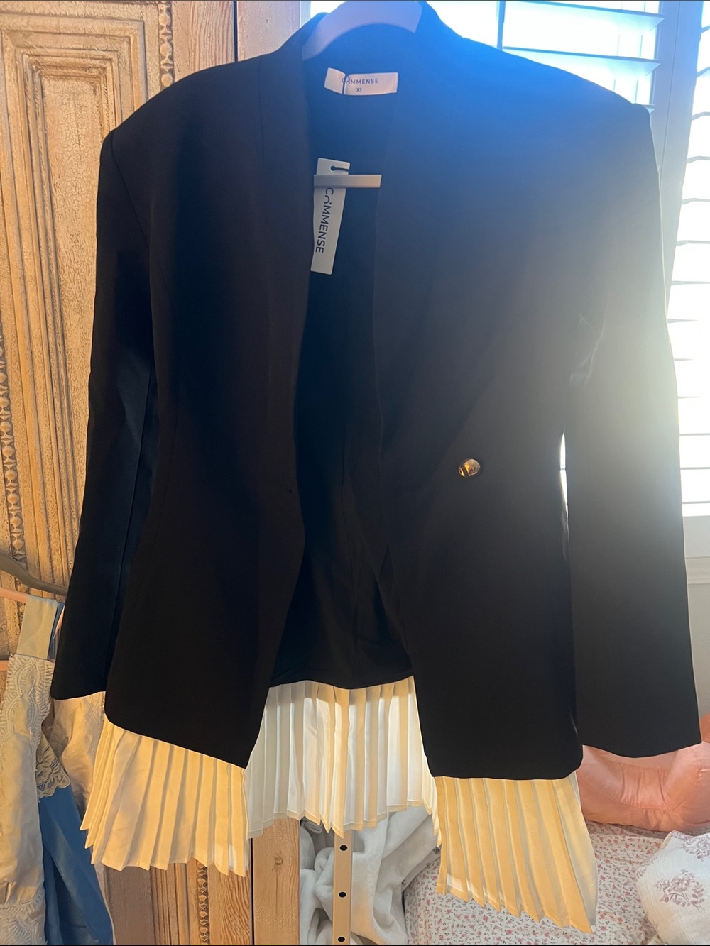 Commense Black Blazer with Pleated Cream Hem